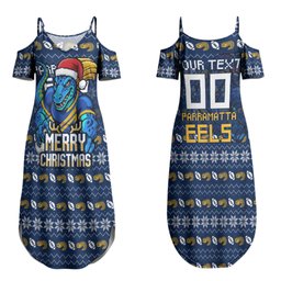 Personalized Parramatta Eels Christmas Couples Matching Summer Maxi Dress and Long Sleeve Button Shirt Australian Rugby Fans - Pixelated Ugly Xmas Pattern Mascot Santa