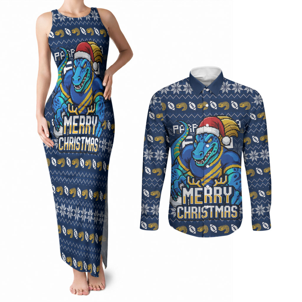 Personalized Parramatta Eels Christmas Couples Matching Tank Maxi Dress and Long Sleeve Button Shirt Australian Rugby Fans - Pixelated Ugly Xmas Pattern Mascot Santa