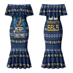 Personalized Parramatta Eels Christmas Couples Matching Mermaid Dress and Long Sleeve Button Shirt Australian Rugby Fans - Pixelated Ugly Xmas Pattern Mascot Santa