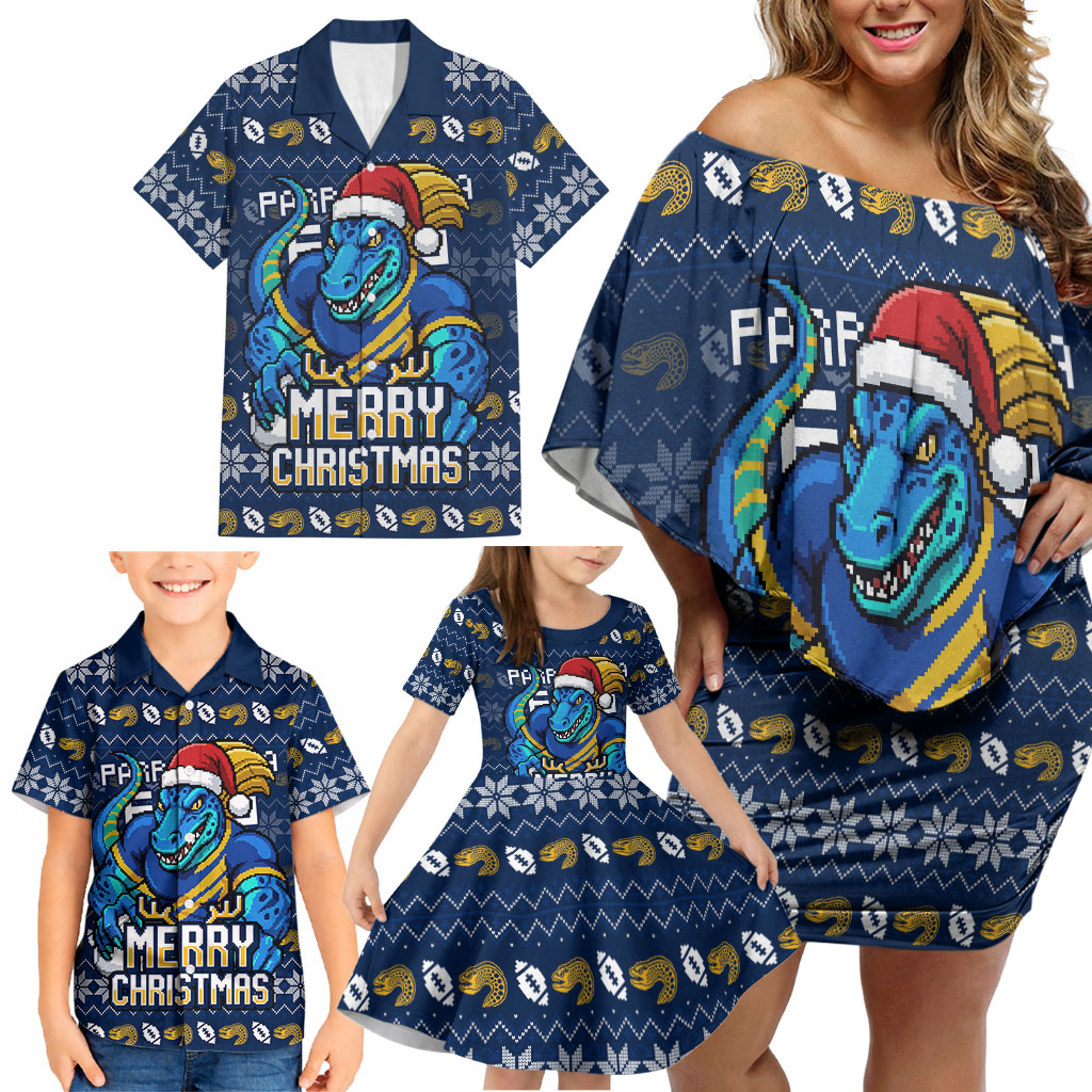 Personalized Parramatta Eels Christmas Family Matching Off Shoulder Short Dress and Hawaiian Shirt Australian Rugby Fans - Pixelated Ugly Xmas Pattern Mascot Santa