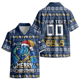 Personalized Parramatta Eels Christmas Kid Hawaiian Shirt Australian Rugby Fans - Pixelated Ugly Xmas Pattern Mascot Santa