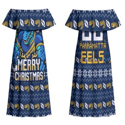 Personalized Parramatta Eels Christmas Family Matching Off Shoulder Maxi Dress and Hawaiian Shirt Australian Rugby Fans - Pixelated Ugly Xmas Pattern Mascot Santa
