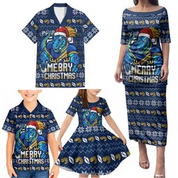 Personalized Parramatta Eels Christmas Family Matching Puletasi and Hawaiian Shirt Australian Rugby Fans - Pixelated Ugly Xmas Pattern Mascot Santa