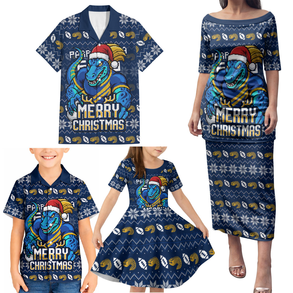 Personalized Parramatta Eels Christmas Family Matching Puletasi and Hawaiian Shirt Australian Rugby Fans - Pixelated Ugly Xmas Pattern Mascot Santa