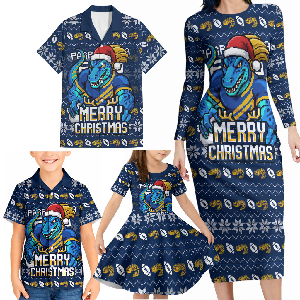 Personalized Parramatta Eels Christmas Family Matching Long Sleeve Bodycon Dress and Hawaiian Shirt Australian Rugby Fans - Pixelated Ugly Xmas Pattern Mascot Santa