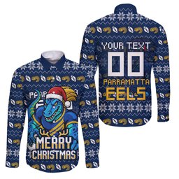 Personalized Parramatta Eels Christmas Family Matching Off Shoulder Short Dress and Hawaiian Shirt Australian Rugby Fans - Pixelated Ugly Xmas Pattern Mascot Santa