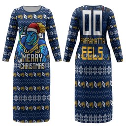 Personalized Parramatta Eels Christmas Family Matching Long Sleeve Bodycon Dress and Hawaiian Shirt Australian Rugby Fans - Pixelated Ugly Xmas Pattern Mascot Santa