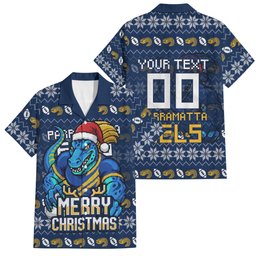 Personalized Parramatta Eels Christmas Family Matching Puletasi and Hawaiian Shirt Australian Rugby Fans - Pixelated Ugly Xmas Pattern Mascot Santa