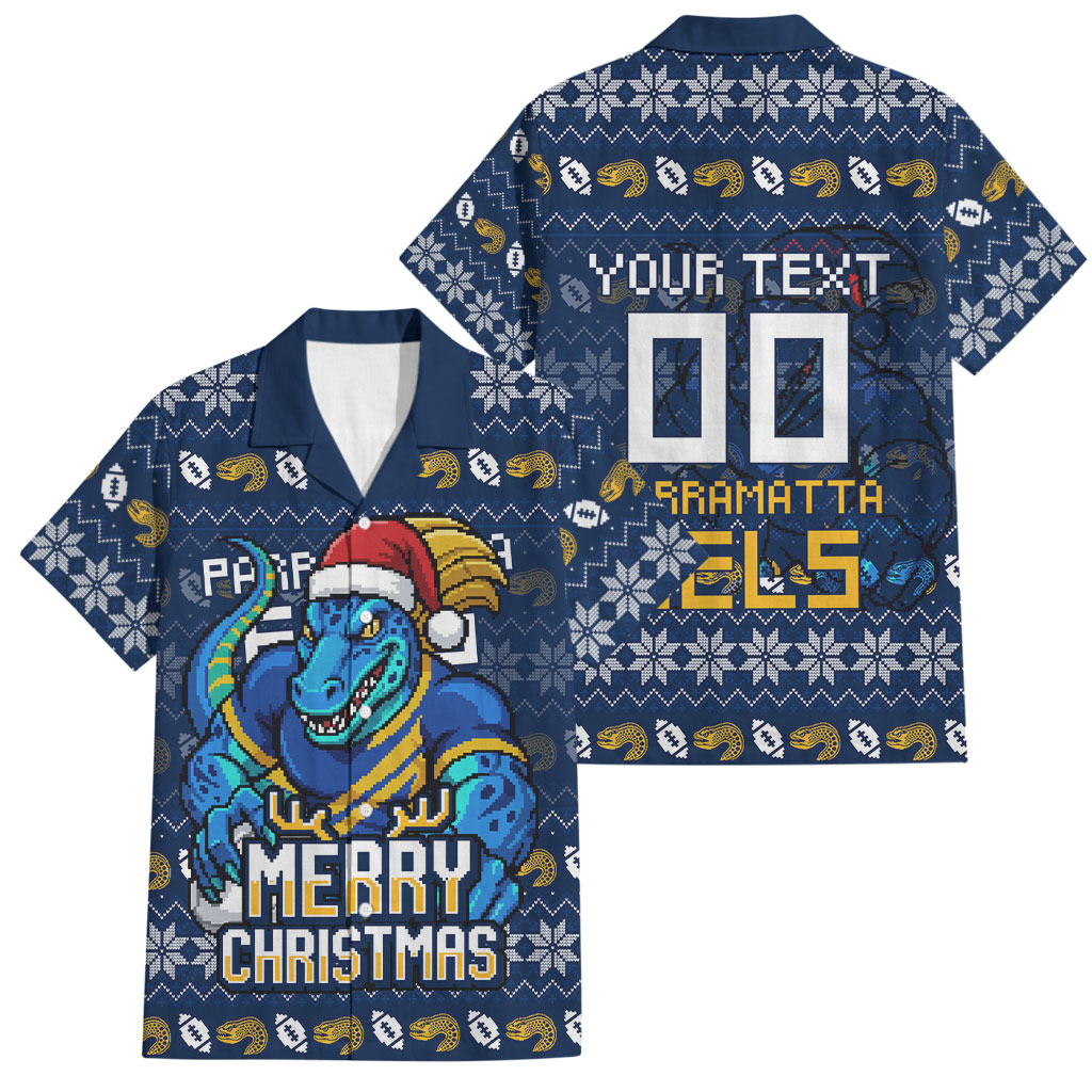 Personalized Parramatta Eels Christmas Family Matching Short Sleeve Bodycon Dress and Hawaiian Shirt Australian Rugby Fans - Pixelated Ugly Xmas Pattern Mascot Santa