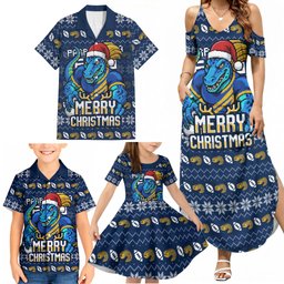 Personalized Parramatta Eels Christmas Family Matching Summer Maxi Dress and Hawaiian Shirt Australian Rugby Fans - Pixelated Ugly Xmas Pattern Mascot Santa