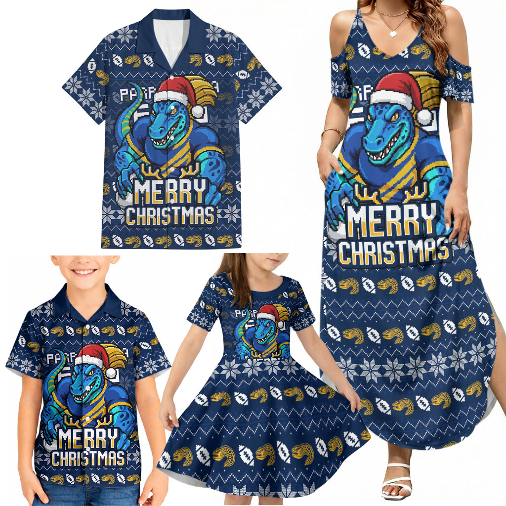Personalized Parramatta Eels Christmas Family Matching Summer Maxi Dress and Hawaiian Shirt Australian Rugby Fans - Pixelated Ugly Xmas Pattern Mascot Santa