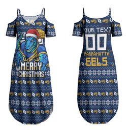 Personalized Parramatta Eels Christmas Family Matching Summer Maxi Dress and Hawaiian Shirt Australian Rugby Fans - Pixelated Ugly Xmas Pattern Mascot Santa