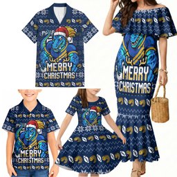Personalized Parramatta Eels Christmas Family Matching Mermaid Dress and Hawaiian Shirt Australian Rugby Fans - Pixelated Ugly Xmas Pattern Mascot Santa