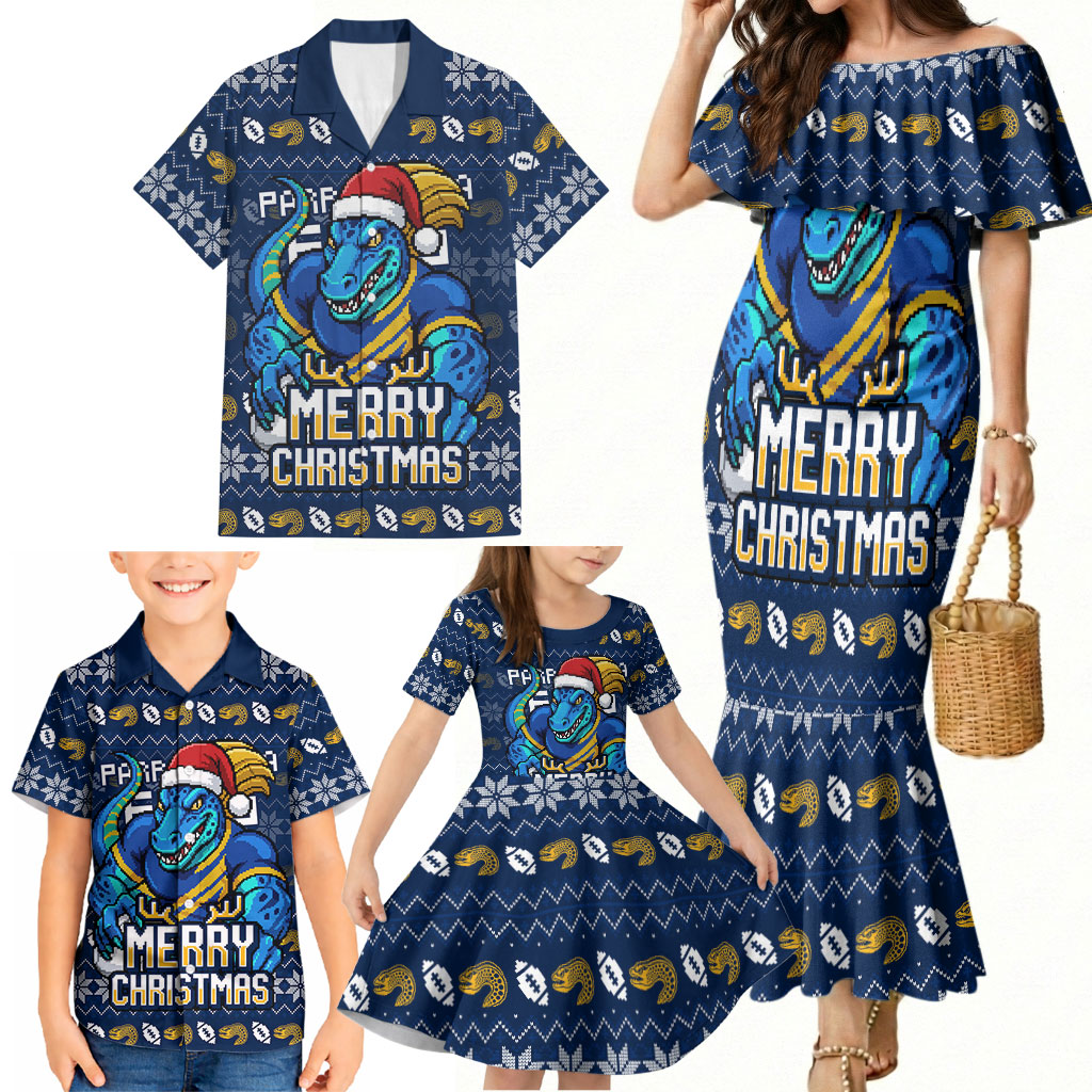 Personalized Parramatta Eels Christmas Family Matching Mermaid Dress and Hawaiian Shirt Australian Rugby Fans - Pixelated Ugly Xmas Pattern Mascot Santa