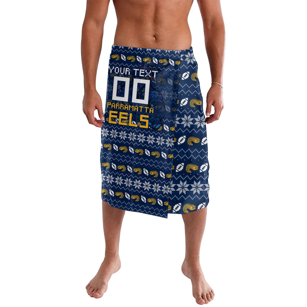 Personalized Parramatta Eels Christmas Lavalava Australian Rugby Fans - Pixelated Ugly Xmas Pattern Mascot Santa