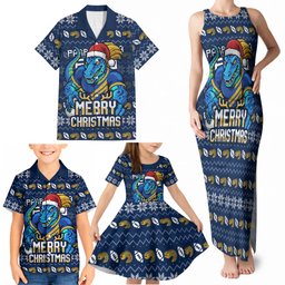 Personalized Parramatta Eels Christmas Family Matching Tank Maxi Dress and Hawaiian Shirt Australian Rugby Fans - Pixelated Ugly Xmas Pattern Mascot Santa