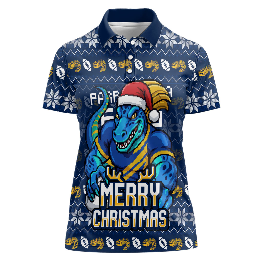 Personalized Parramatta Eels Christmas Women Polo Shirt Australian Rugby Fans - Pixelated Ugly Xmas Pattern Mascot Santa
