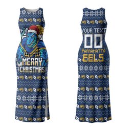 Personalized Parramatta Eels Christmas Family Matching Tank Maxi Dress and Hawaiian Shirt Australian Rugby Fans - Pixelated Ugly Xmas Pattern Mascot Santa