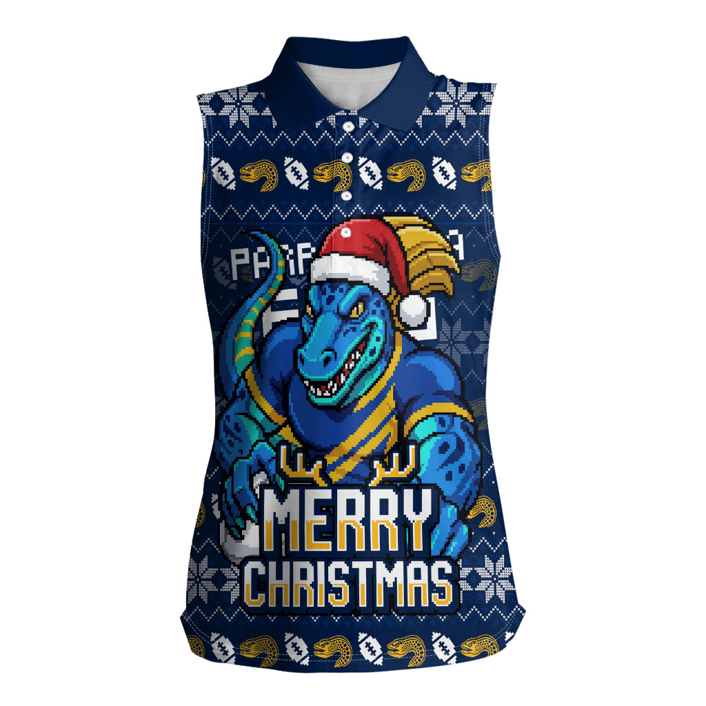 Personalized Parramatta Eels Christmas Women Sleeveless Polo Shirt Australian Rugby Fans - Pixelated Ugly Xmas Pattern Mascot Santa