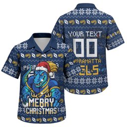 Personalized Parramatta Eels Christmas Family Matching Mermaid Dress and Hawaiian Shirt Australian Rugby Fans - Pixelated Ugly Xmas Pattern Mascot Santa