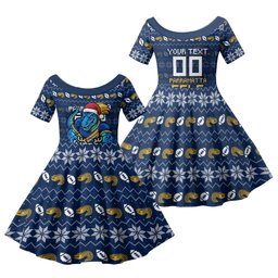 Personalized Parramatta Eels Christmas Family Matching Tank Maxi Dress and Hawaiian Shirt Australian Rugby Fans - Pixelated Ugly Xmas Pattern Mascot Santa