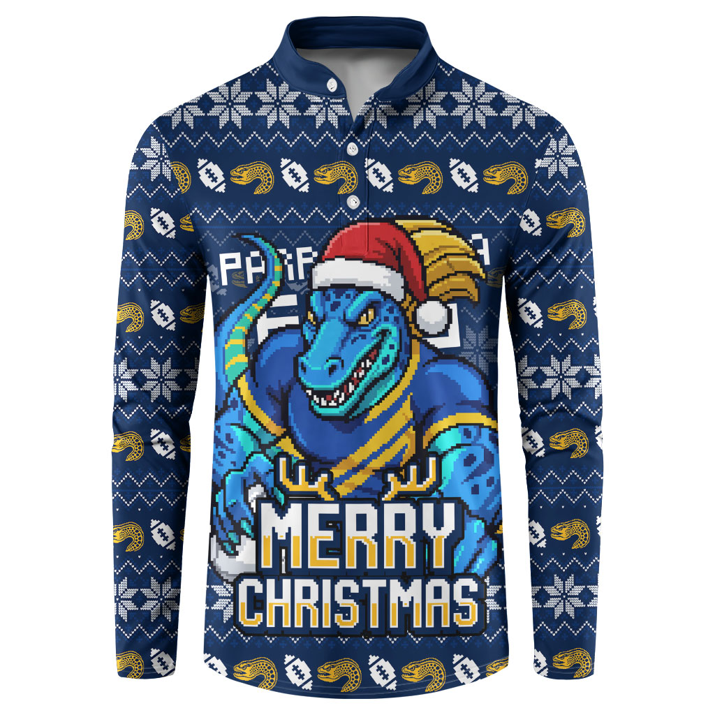 Personalized Parramatta Eels Christmas Button Sweatshirt Australian Rugby Fans - Pixelated Ugly Xmas Pattern Mascot Santa