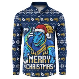 Personalized Parramatta Eels Christmas Button Sweatshirt Australian Rugby Fans - Pixelated Ugly Xmas Pattern Mascot Santa