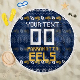 Personalized Parramatta Eels Christmas Beach Blanket Australian Rugby Fans - Pixelated Ugly Xmas Pattern Mascot Santa