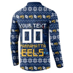 Personalized Parramatta Eels Christmas Button Sweatshirt Australian Rugby Fans - Pixelated Ugly Xmas Pattern Mascot Santa