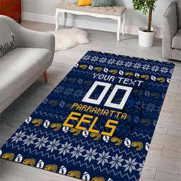 Personalized Parramatta Eels Christmas Area Rug Australian Rugby Fans - Pixelated Ugly Xmas Pattern Mascot Santa