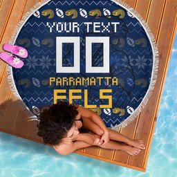 Personalized Parramatta Eels Christmas Beach Blanket Australian Rugby Fans - Pixelated Ugly Xmas Pattern Mascot Santa