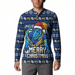 Personalized Parramatta Eels Christmas Button Sweatshirt Australian Rugby Fans - Pixelated Ugly Xmas Pattern Mascot Santa