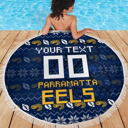 Personalized Parramatta Eels Christmas Beach Blanket Australian Rugby Fans - Pixelated Ugly Xmas Pattern Mascot Santa