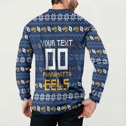 Personalized Parramatta Eels Christmas Button Sweatshirt Australian Rugby Fans - Pixelated Ugly Xmas Pattern Mascot Santa
