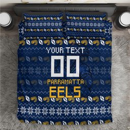 Personalized Parramatta Eels Christmas Bedding Set Australian Rugby Fans - Pixelated Ugly Xmas Pattern Mascot Santa