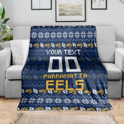 Personalized Parramatta Eels Christmas Blanket Australian Rugby Fans - Pixelated Ugly Xmas Pattern Mascot Santa