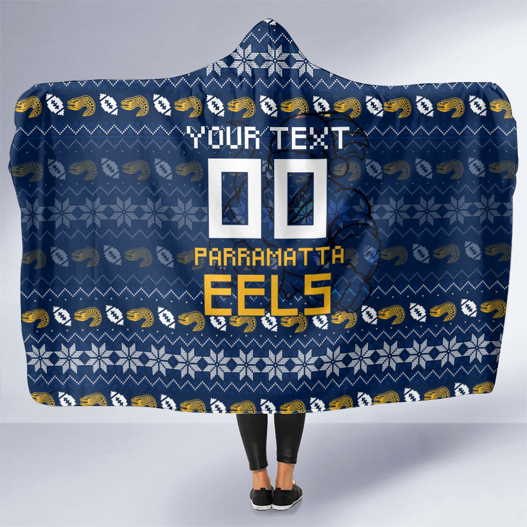 Personalized Parramatta Eels Christmas Hooded Blanket Australian Rugby Fans - Pixelated Ugly Xmas Pattern Mascot Santa