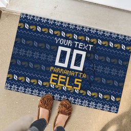 Personalized Parramatta Eels Christmas Rubber Doormat Australian Rugby Fans - Pixelated Ugly Xmas Pattern Mascot Santa