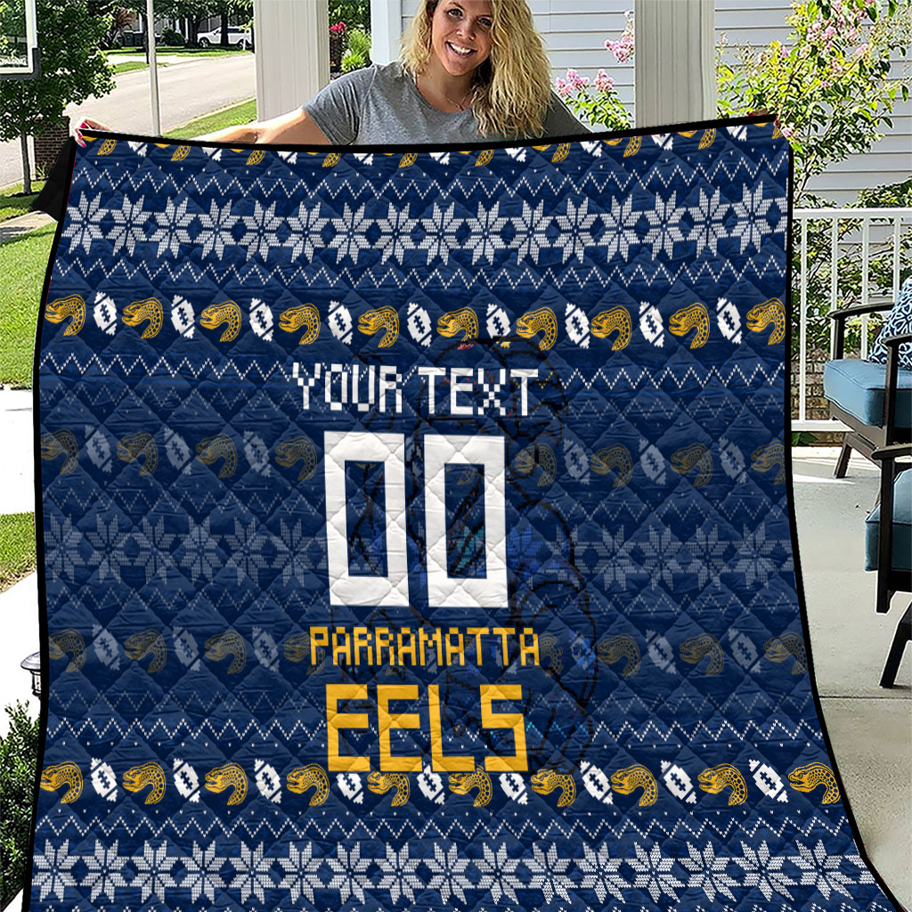 Personalized Parramatta Eels Christmas Quilt Australian Rugby Fans - Pixelated Ugly Xmas Pattern Mascot Santa