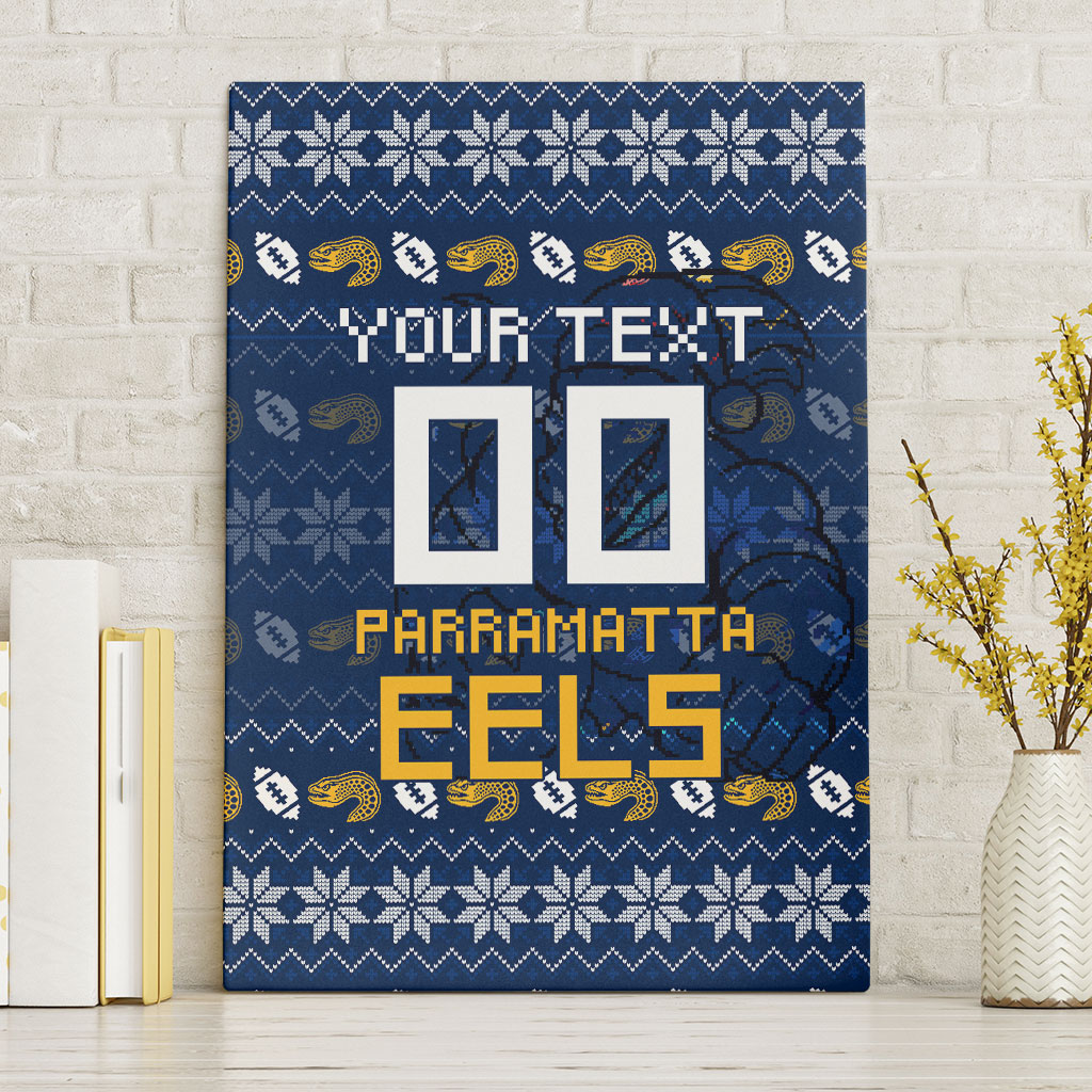 Personalized Parramatta Eels Christmas Canvas Wall Art Australian Rugby Fans - Pixelated Ugly Xmas Pattern Mascot Santa