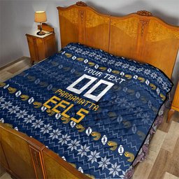Personalized Parramatta Eels Christmas Quilt Australian Rugby Fans - Pixelated Ugly Xmas Pattern Mascot Santa