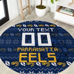 Personalized Parramatta Eels Christmas Round Carpet Australian Rugby Fans - Pixelated Ugly Xmas Pattern Mascot Santa