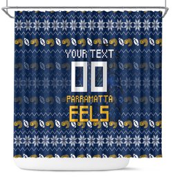 Personalized Parramatta Eels Christmas Shower Curtain Australian Rugby Fans - Pixelated Ugly Xmas Pattern Mascot Santa