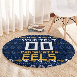 Personalized Parramatta Eels Christmas Round Carpet Australian Rugby Fans - Pixelated Ugly Xmas Pattern Mascot Santa
