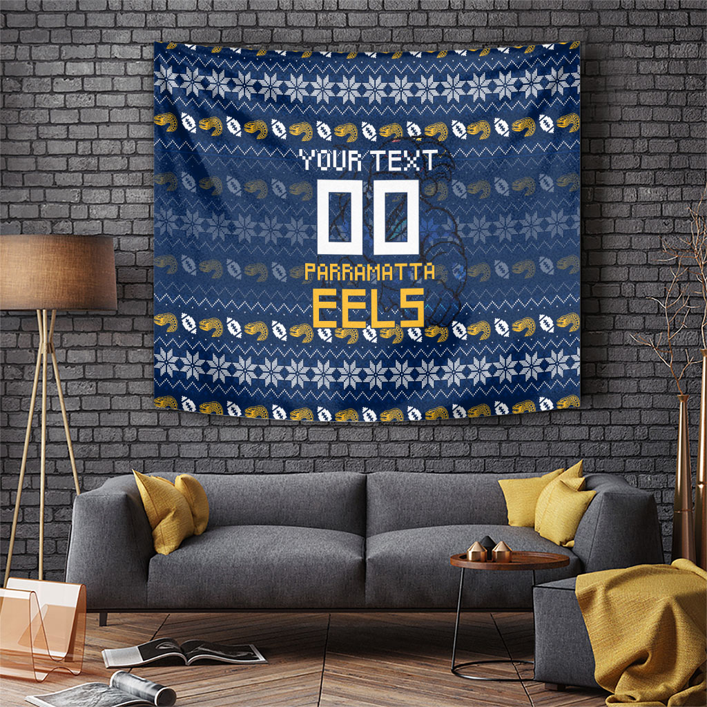 Personalized Parramatta Eels Christmas Tapestry Australian Rugby Fans - Pixelated Ugly Xmas Pattern Mascot Santa