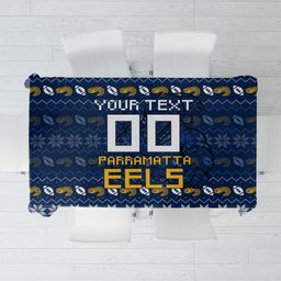 Personalized Parramatta Eels Christmas Tablecloth Australian Rugby Fans - Pixelated Ugly Xmas Pattern Mascot Santa