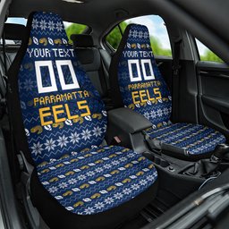 Personalized Parramatta Eels Christmas Car Seat Cover Australian Rugby Fans - Pixelated Ugly Xmas Pattern Mascot Santa