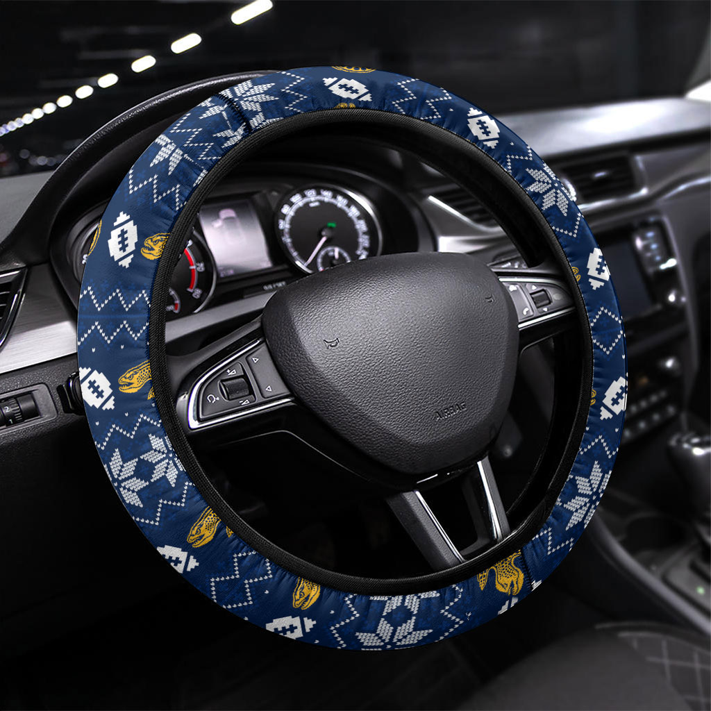 Parramatta Eels Christmas Steering Wheel Cover Australian Rugby Fans - Pixelated Ugly Xmas Pattern Mascot Santa