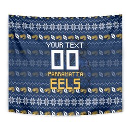 Personalized Parramatta Eels Christmas Tapestry Australian Rugby Fans - Pixelated Ugly Xmas Pattern Mascot Santa