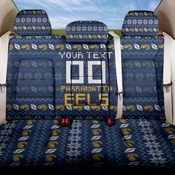 Personalized Parramatta Eels Christmas Back Car Seat Cover Australian Rugby Fans - Pixelated Ugly Xmas Pattern Mascot Santa